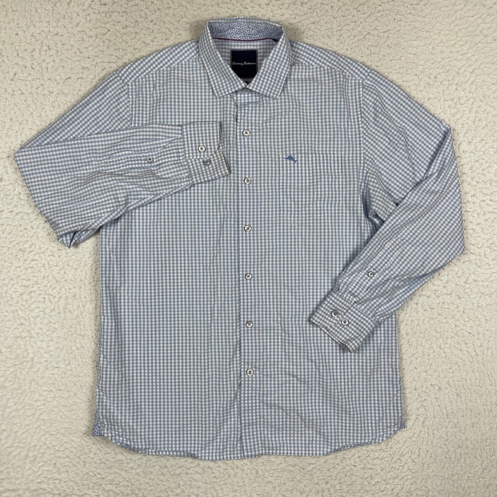 Tommy Bahama Button Down Shirt Men Medium Blue White Gingham Pima Cotton Coastal